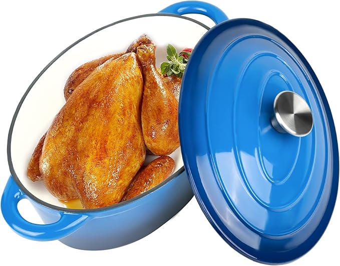 Oval Dutch Oven for Bread Baking, 4.5 Quart Non Stick Enameled Cast Iron Dutch Oven Pot with Lid, Oven Safe Oval Casserole with Lid up to 500°F for Baking, Braising, Stews, Roasting (Blue)