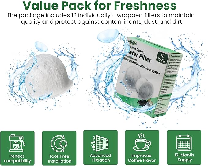 12 Pack WGCM350 Activated Carbon Water Filter Pods Replacement for Wolf Gourmet Coffee Maker System - Compatible with WGCM100S WGCM110S WGCM120S
