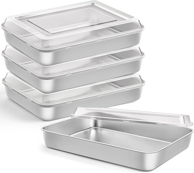 9¾ x 12½ x 2 Inch Baking Pans Set, Stainless Steel Retangle Sheet Cake Lasagna Pan with Lid, Deep & Non Toxic, Set of 4