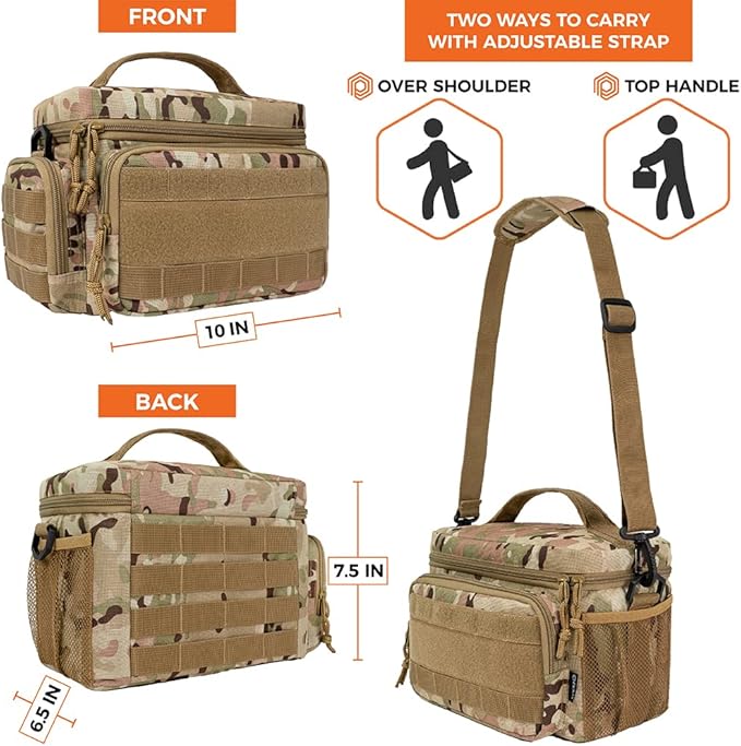 opux Tactical Lunch Box for Men, Camo Mens Insulated Lunch Bag for Adult, Leakproof Soft Lunch Cooler with MOLLE Mesh Side Pockets, Multicam Heavy Duty Lunchbox Pail for Work Women, Medium 10 Cans