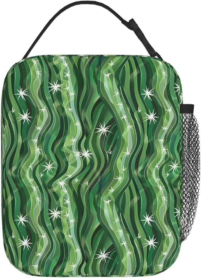 Abstract Wave Lunch Box,Insulated Lunchbox,Star and Green Stripe Design Bags,Reusable Cooler Lunchbag for Picnic,Travel,Office,Camping,Ideal Gifts for Women,Men,Adults
