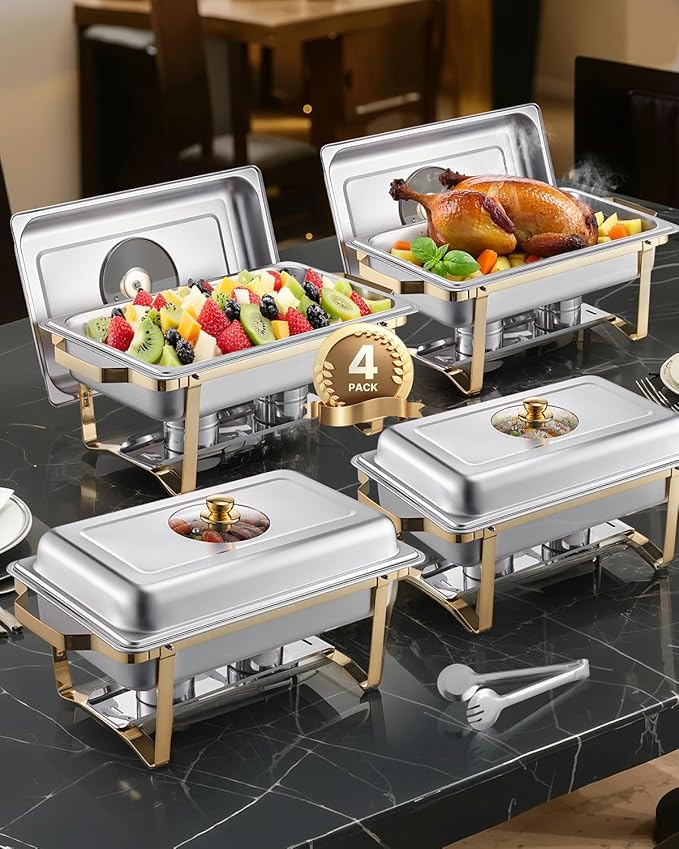 VEVOR Chafing Dish Buffet Set, 8 Qt 4 Pack, Stainless Steel Chafer with 4 Full Size Pans, Rectangle Catering Warmer Server with Glass Lid Water Pan Folding Stand Fuel Holder, for Wedding Party Banquet