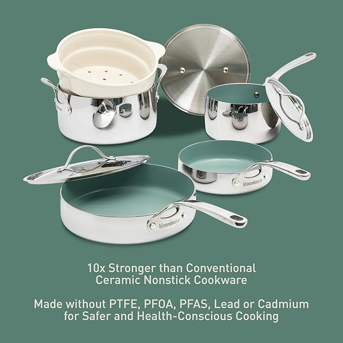 Bloomhouse - Two Time Oprah's Favorite Things Winner - 8 Piece Triply Stainless Steel Pots and Pans Cookware Set W/Sage Green Non Toxic Pro Ceramic Non Stick Interior