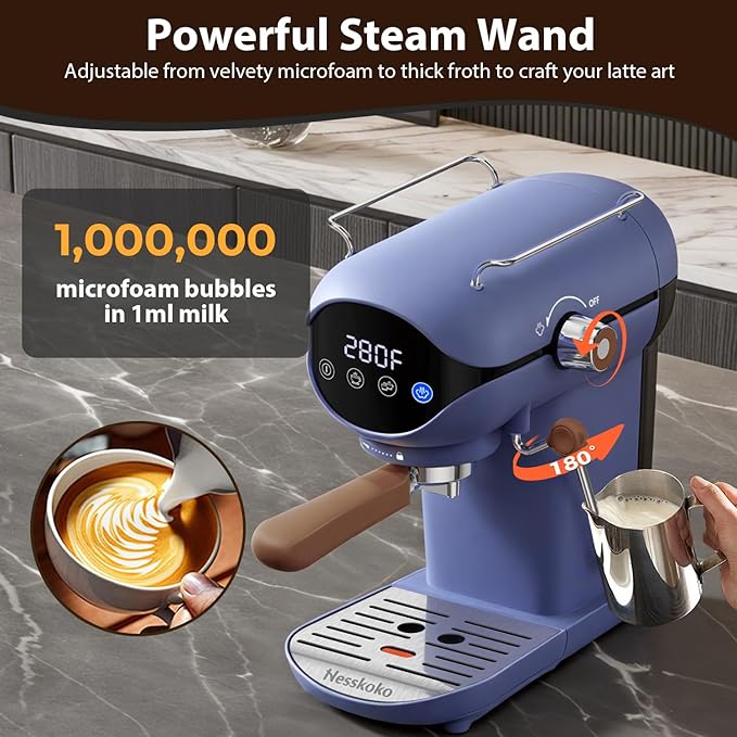 Espresso Machine with Steam Milk Frother Semi Automatic 20 Bar Compact Blue with Touch Screen for home Cafetera Espresso, Latte, Cappuccino, Americano, Macchiato