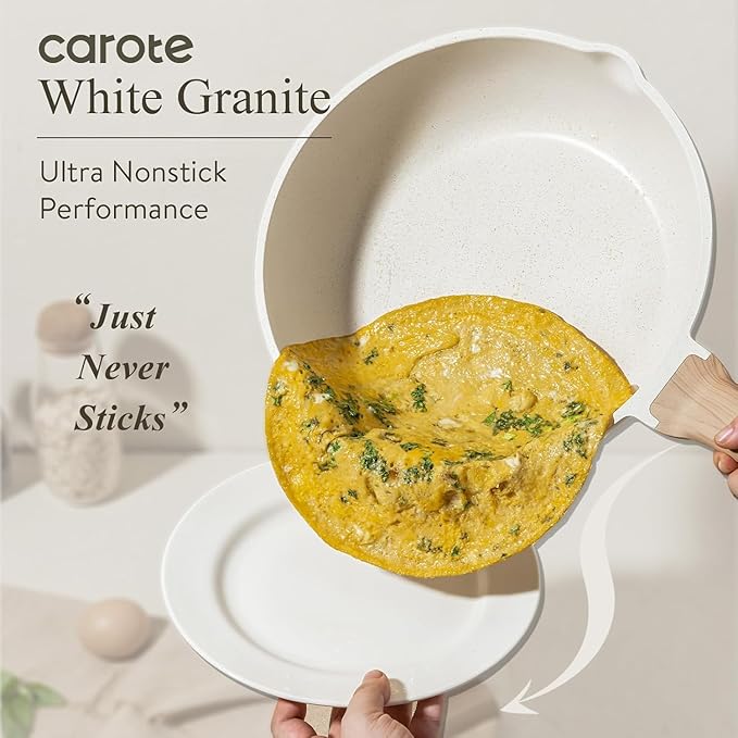 CAROTE 12 Inch Non Stick Frying Pan with Lid,White Granite Nonstick Skillet Omelet Pans, Egg Pan Granite Cookware, PFOS & PFOA Free