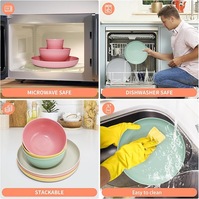 36 pcs Wheat Straw Dinnerware Sets DAPIPIK Unbreakable Reusable Dinnerware Set ，Lightweight Camping Plates Cups and Bowls Set. Dishwasher Microwave Safe Dinnerware