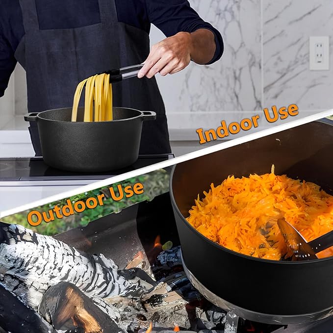 P&P CHEF 5Qt Dutch Oven Pot for Bread Baking (Black), 2 In 1 Round Cast Iron Dutch Oven with Lid Set, Skillet & Pot for Roasting Braising Stewing Frying Simmering, Multi Stoves & Oven Safe