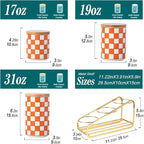 Kitchen countertop ceramic grid pattern airtight jar set - a set of 3 kitchen jars with layered shelves, sealed countertop flour and sugar containers, coffee and tea storage (Orange)