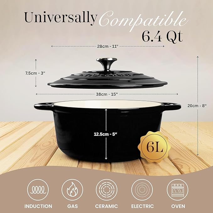 Nuovva Enamelled Cast Iron Dutch Oven Pot with Lid – 6.4 Quart Non Stick Casserole Pot – Heavy Duty & Oven Safe up to 500° F for Bread Baking, Braising, Stews, Roasting – 28cm Black