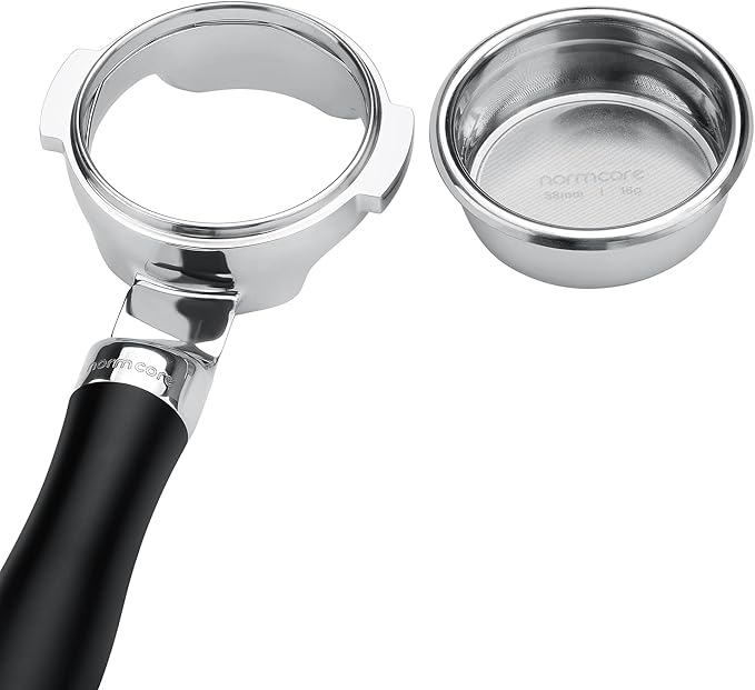 Normcore 58 mm Silm Naked Bottomless Portafilter Fits E61 Group Head, ECM, Rocket, Sanremo, Synesso, Slayer, VBM, Black Anodized Aluminum Handle and 18g Basket