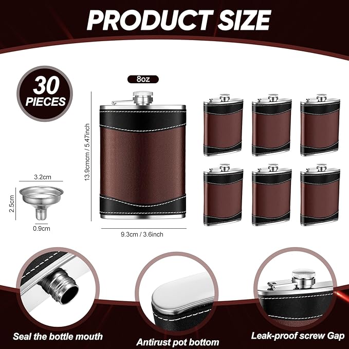 Rtteri 30 Set 8 oz Leather Hip Flasks for Liquor for Men Leak Proof Stainless Steel Drinking Flasks with Funnel Soft Wrap Whiskey Vessels for Wedding Bridesmaid Christmas Gifts (Brown)