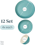 Stoneware Dinnerware Set for 4 People HYGGE 12-Piece - Elegant Scandi Design - Premium Dish Set - Bowl and Plate Set - Tableware for 4 People in a Ribbed Design - Pure Living in Green