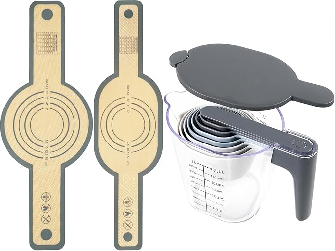 12-Piece Measuring Cups and Spoons Set with Stackable Measuring Cup, Lid, and 2 Grey Silicone Bread Slings(Oval and Round), BPA-Free, Dishwasher Safe, Baking Accessories