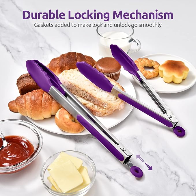 600ºF Heat Resistant Kitchen Tongs: U-Taste 9+12 inch Silicone Cooking Tong Set with Firm Sealed Non Stick Rubber Tips and Silicon Coated 18/8 Stainless Steel Handle for Serving Grilling Salad(Purple)