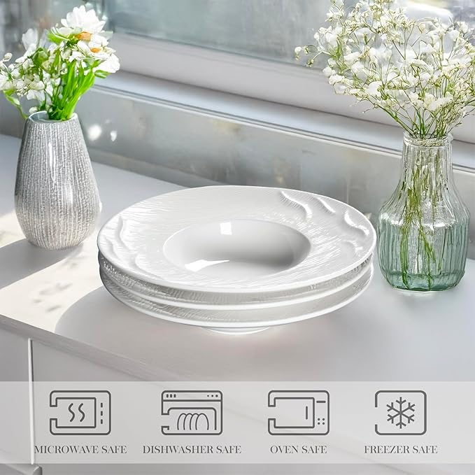 Ceramics Rimmed Soup bowls Set of 4, Embossed Wide Rim Small Mouth Pasta Plates 10.2 OZ/300 ml, Microwave Dishwasher Safe, for high end restaurants and best choice for gourmets, 9.45 Inch