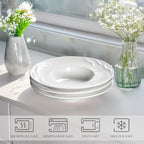 Ceramics Rimmed Soup bowls Set of 4, Embossed Wide Rim Small Mouth Pasta Plates 10.2 OZ/300 ml, Microwave Dishwasher Safe, for high end restaurants and best choice for gourmets, 9.45 Inch