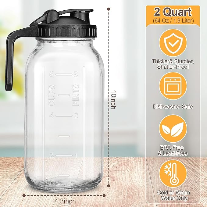 64 OZ Mason Jars with Lid, Glass Pitcher Double Leak Proof with Pour Spout Handle, 2 Quart Wide Mouth Breast Milk Pitcher for Fridge, Creamer Container for Coffee, Sun Tea(Black,1 Pack)