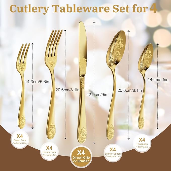 20-Piece Stainless Steel Silverware Set, Elegant Floral Engraved Cutlery Flatware Set for 4, Golden Tableware Utensil Sets Durable Include Fork Spoon Knife with Mirror Polish