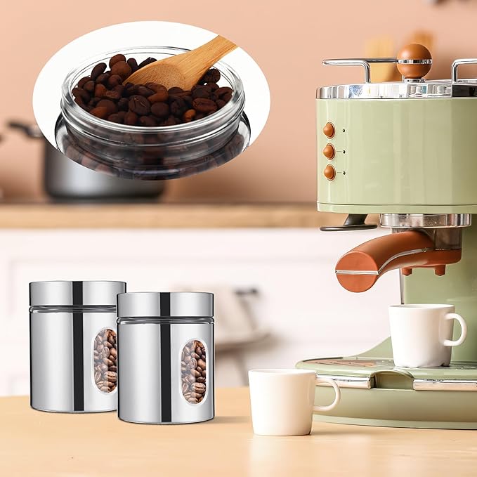 3 Pcs Stainless Steel Canister Set with Glass Windows Visible Storage Jars Silver Kitchen Canister Set for Pasta Flour Oat Sugar Container, Kitchen Tools, Housewarming Gifts (20 oz)