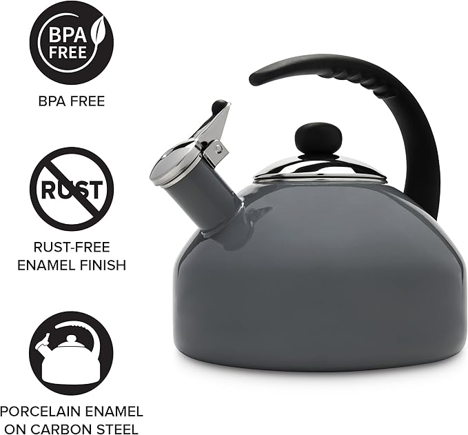 Farberware Omega Tea Kettle, Whistling Tea Pot, Works For All Stovetops, Porcelain Enamel on Carbon Steel, BPA-Free, Rust-Proof, Stay Cool Handle, 2.75 quart (11 cups) Capacity(Gray)