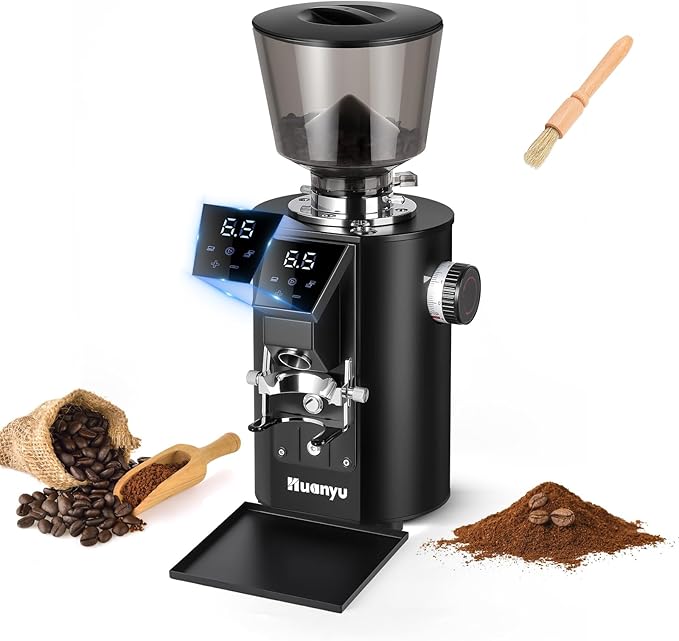 Huanyu Commercial Coffee Grinder - Touchscreen Control, 8 Grind Settings, 64mm Flat Burr, Dual Dosing Modes for Coffee Shops