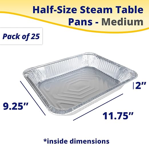 IDL Packaging Half-Size Aluminum Steam Table Pans - Medium, 13" x 11" x 2" (pack of 25) - Disposable Foil Pan for Grilling, Roasting, BBQ, Cooking, Baking, Freezing