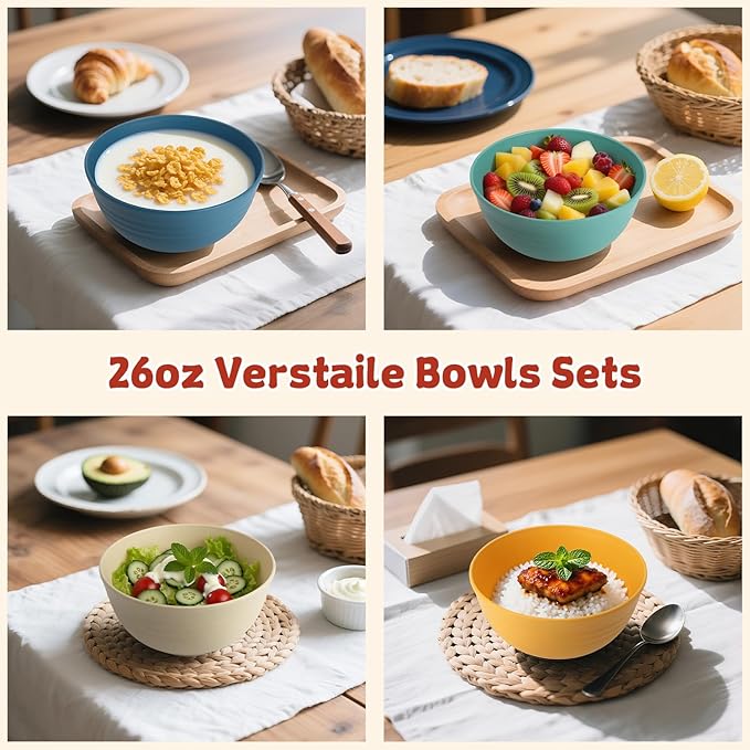 Wheat Straw Camping Bowls Sets of 6,Unbreakable 26oz Lightweight Bowls Sets for Outdoors Activity,Breakfast Bowls for Cereal and Salad.Vibrant Series
