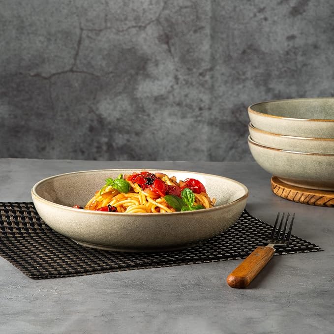 AmorArc 8.5'' Large Pasta Bowls, 36oz Stoneware Pasta Serving Bowls Set of 6 for Kitchen, Wide Bowls for Pasta,Salad,Oatmeal, Microwave Safe, Reactive Glaze