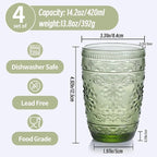 14OZ Drinking Glasses Set of 4, Green Drinking Glasses, Colored Glassware Drinking, Highball Beverage Glasses Cup, Vintage Glassware Set for Water, Juice, Cocktail, Coffee