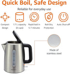 Amazon Basics Electric Stainless Steel Kettle for Tea and Coffee, BPA-Free, Fast Boiling, Auto Shut-Off, 1.8 Quarts, 1500W, Black and Silver