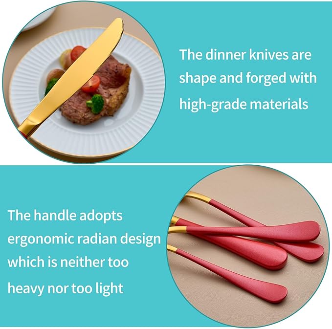 20-Piece Gold and Red Silverware Set for 4, 18/0 Stainless Steel Flatware Cutlery Utensils Set, Include Dinner Knives,Dinner Forks,Dinner Spoons,Salad Forks,Teaspoons,Dishwasher Safe…, ZT-2223