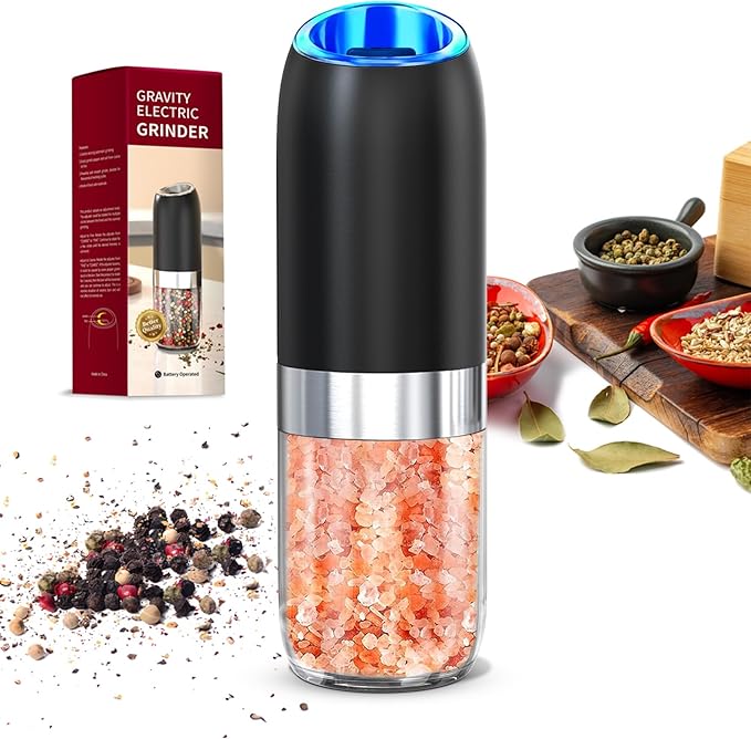Battery Salt and Pepper Grinder Set-Gravity Electric Pepper Grinder,BoAn Automatic Spice Mill Refillable,Ceramic Larger Charmber,Adjustable Coarsenes,LED Light for Kitchen Housewarming Gifts New Home
