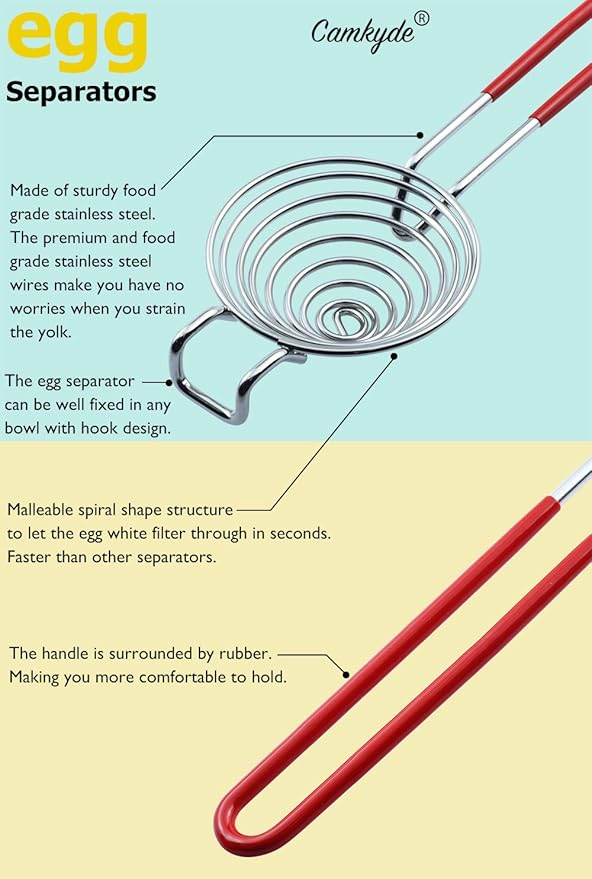 CAMKYDE Egg Separator Food Grade Stainless Steel Egg Yolk White Separation Tool, Set of 2 (Red)