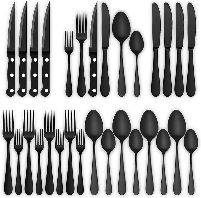 24-Piece Black Silverware Set with Steak Knives, Stainless Steel Flatware Cutlery Set for 4, Spoons Forks and Knives Sets, Mirror Finished Utensil Sets Dishwasher Safe for Home Restaurant