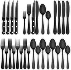 24-Piece Black Silverware Set with Steak Knives, Stainless Steel Flatware Cutlery Set for 4, Spoons Forks and Knives Sets, Mirror Finished Utensil Sets Dishwasher Safe for Home Restaurant