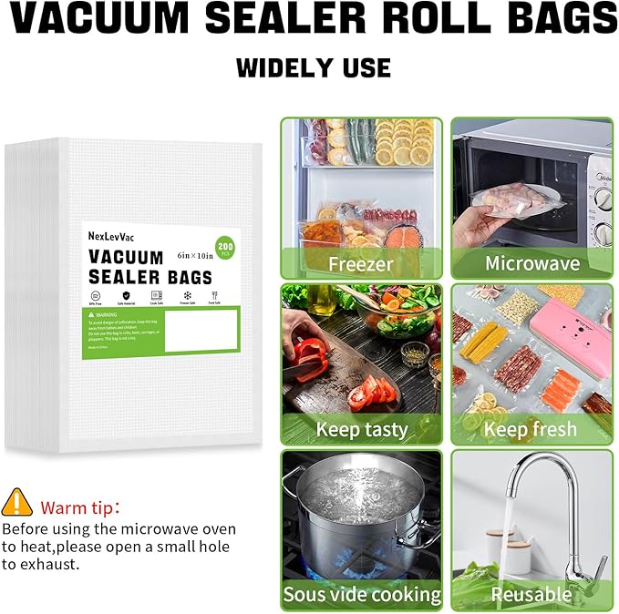 200 Quart Vacuum Sealer Bags - 8x12 Inch, Heavy Duty Commercial Grade for Food Saver, Seal a Meal, Sous Vide, Meal Prep, Freezer Storage
