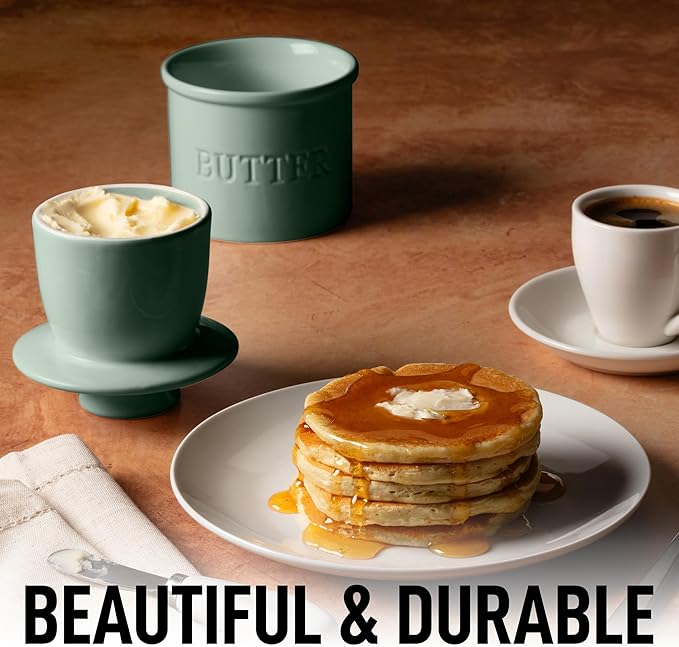 Zulay Kitchen Porcelain Butter Crock With Lid & Knife - Authentic French Butter Dish For Fresh & Spreadable Butter - Deep Sea