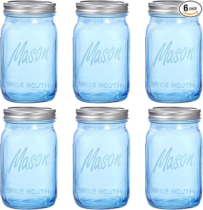 WELLIFE Wide Mouth Mason Jars,6 Pack Blue Mason Jars 32 OZ,Mason Jar for Decor Canning & DIY Crafts,Food Storage,Fermenting,Pickling,Meal Prep