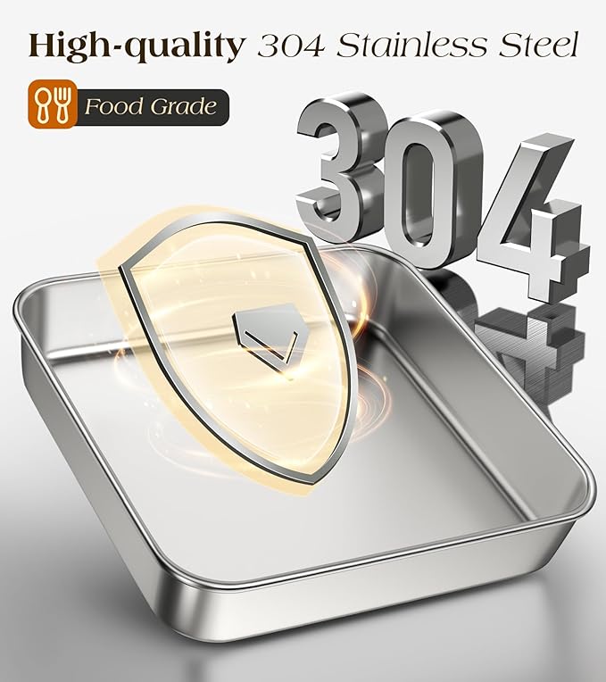 8 x 8-Inch Baking Pan, 304 Stainless Steel Square Cake Pan, Commercial Grade Bakeware for Cakes Brownies Casseroles, Thicker Rectangle Sheet Cake Pans, Non-toxic & Heavy Duty &Dishwasher Safe