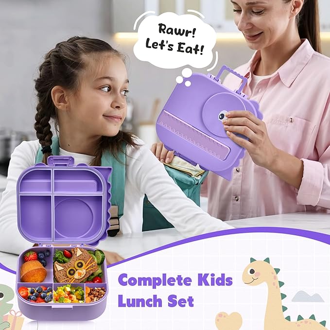 Bento Lunch Box with Thermo, 4-Compartment Bento Box with Adjustable Dividers, Leakproof Dinosaur Lunch Box with 14.2OZ Insulated Food Jar & Sauce Jar, for School Office Travel (Purple)