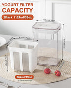 Yogurt Strainer 2Pack, 19oz/562ml Thick Greek Yogurt Milk Filter, Food Strainer, Greek Yogurt Strainer with Stainless Steel Fine Mesh Bag and Lid for Yogurt, Soybean Milk, Kefir, Berries, Fruit Juice