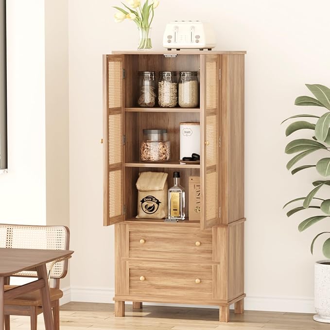 Garvee Pantry Cabinet, 72" Kitchen Pantry Storage Cabinet, Modern Farmhouse Kitchen Cupboard with Large Drawer, 2 Cabinets, 4 Adjustable Shelves, Freestanding Rattan Hutch for Dining Room Living Room