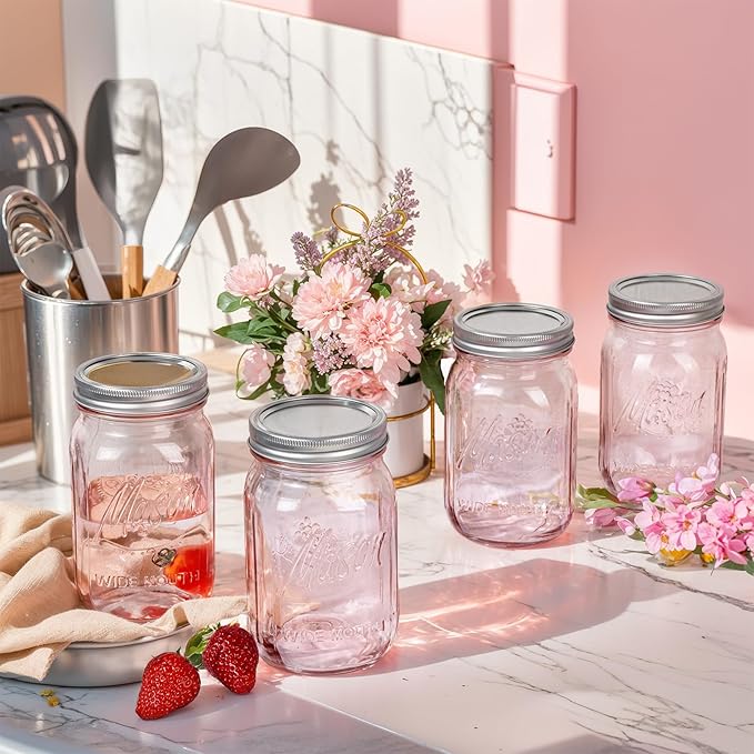 WELLIFE Pink Mason Jars 32 oz,6 Pack Wide Mouth Mason Jars for Safe Storage,Fermenting,Pickling,DIY,Crafts Decoration