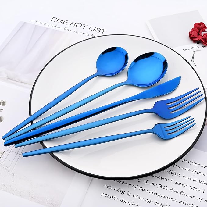 24Pcs Blue Mirror Silverware Flatware Set, 18/0 Stainless Steel Cutlery Set Utensils Kitchen Dinnerware Include Knife Fork Spoon and Teaspoon, Service for 4