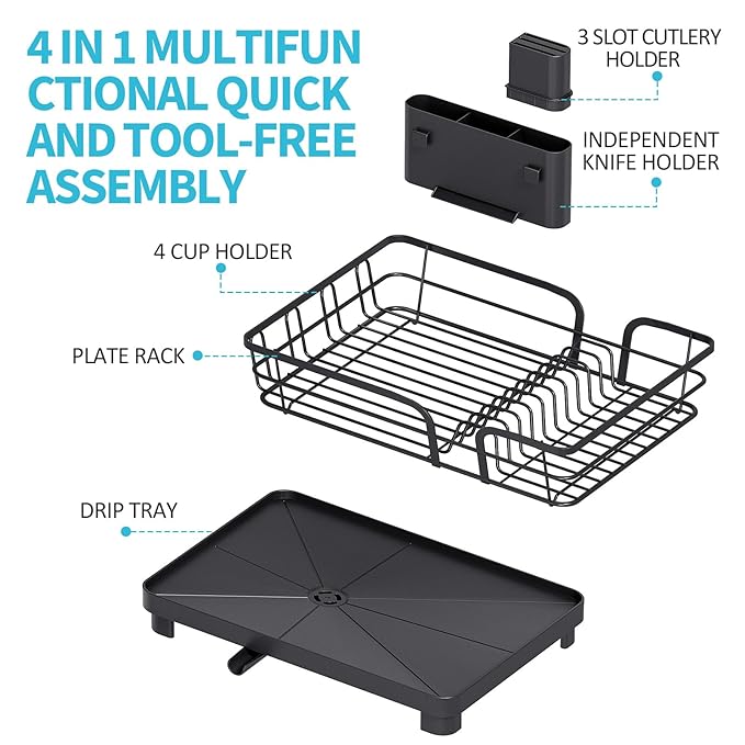Dish Drying Rack for Kitchen Counter, Multifunctional Dish Drainer Rack, Kitchen Dish Rack, Sink Dishes Strainer, Plate Rack with Drain Board, Cup Holder, and Cutlery Holder,Medium Size Black