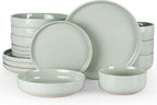 HaWare 16-Piece Plates and Bowls Set for 4, Stoneware Dinnerware Sets with Pasta Bowl, Dishes Set for Home Restaurant, Speckled Asparagus Green