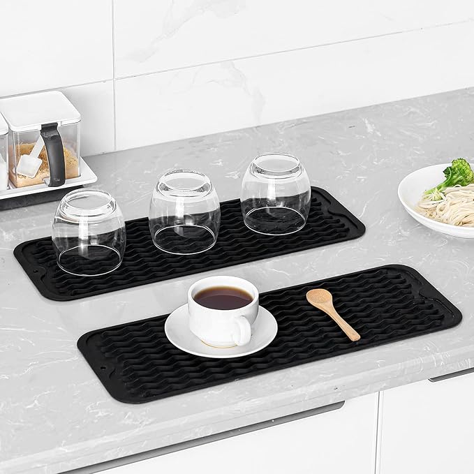 Silicone Dish Drying Mat for Multiple Usage,Easy clean,Eco-friendly,Heat-resistant Silicone Mat for Kitchen Counter,Sink,Bar,Bottle,or Cup Black M 17 inches x 6 inches