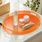 Acrylic Serving Tray with Handles Large Decorative Ottoman Tray 17x13'' Round for Bathroom Food Coffee Fruit Snack Tea Dinner Living Room, Neon Orange