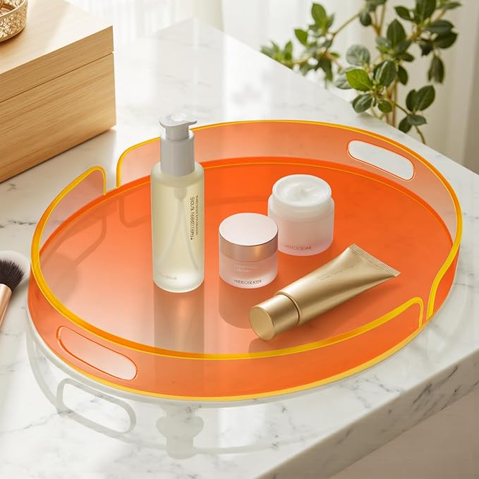 Acrylic Serving Tray with Handles Large Decorative Ottoman Tray 17x13'' Round for Bathroom Food Coffee Fruit Snack Tea Dinner Living Room, Neon Orange