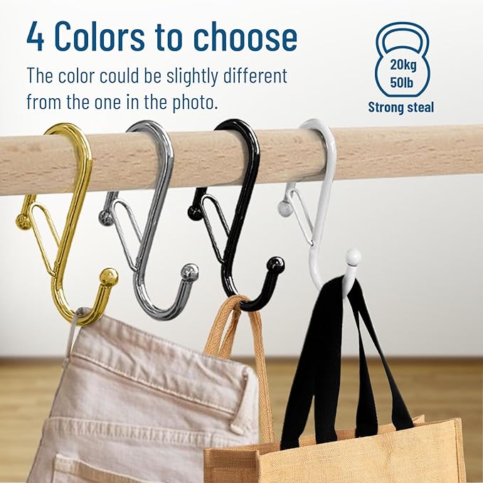 6 S-Shaped Hooks with Anti-Fall System. Anti Drop S-Shaped Hook with Safety Buckle to Prevent Falls. Heavy Duty. (Black, 4in Long (Diameter Rod<1.2in))